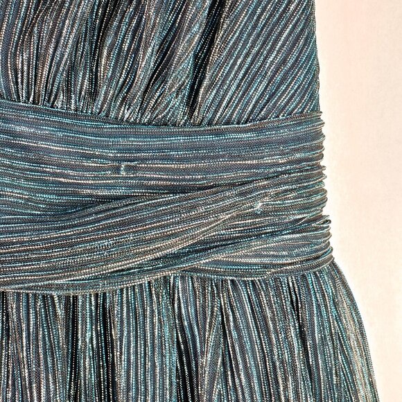 Lulus Ailey Halter Mini Twisted Back Metallic Threaded Gold Teal Skater Dress, S - Picture 6 of 10
